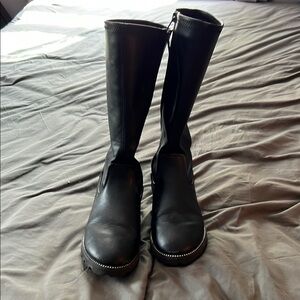Black Leather Combat Boots with Side Zipper